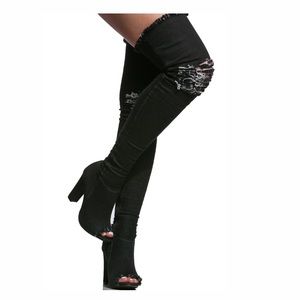 Bamboo Ripped Knee Black Denim Boots